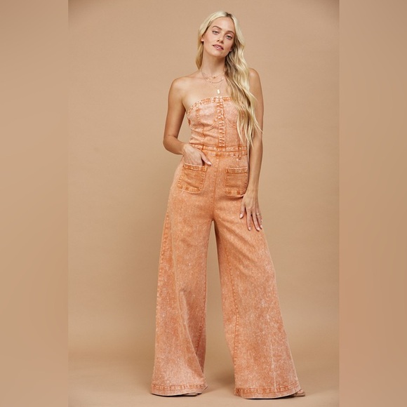 RUST STRAPLESS MINERAL WASH WIDE LEG DENIM JUMPSUIT🤠 - Picture 6 of 8
